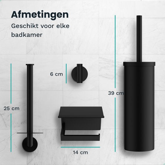 Mirlux Badkameraccessoireset - Toiletborstel met houder - Toiletrolhouder - Wc Rolhouder zonder boren - Handdoekhaakjes Zelfklevend - Reserverolhouder - Toiletborstelhouder - Zwart