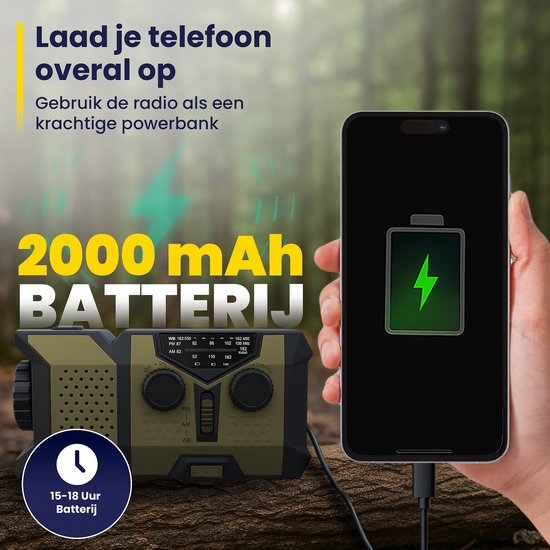 ODESSEY Noodradio Solar Opwindbaar - 2000 mAh Powerbank - Zaklamp - Draagbare Radio - Noodpakket
