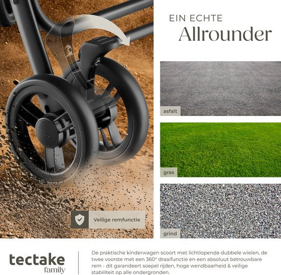 tectake® Buggy - Kinderwagen - Inklapbaar, 5-Puntsgordel, Verstelbare rugleuning en beensteun - Met rem, lichtlopende wielen - Praktische opbergmand - Zwart/grijs