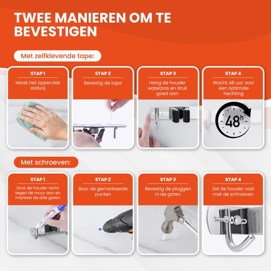 TTD® Luxe XXL Bezemhouder – Zelfklevend – 5 Ophanghaken & 6 Gereedschapsklemmen – Tuingereedschap – RVS