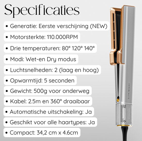 Sansbeauté Stijltang – 2-in-1 Wet-to-Dry, Haardroger & Stijltang, 3 Temperatuurinstellingen – 34,2 x 4,6 cm – Grijs
