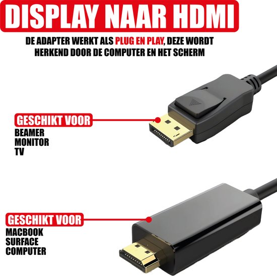 DisplayPort naar HDMI Kabel - Ondersteund 1080P - Male DisplayPort en Male HDMI Plug - 2 Meter - 4K@60Hz - Full HD