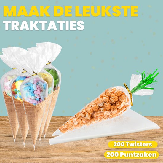 Feestio Uitdeelzakjes Puntzak - 200 Stuks - Snoepzakjes - Traktatie Zakjes Kinderfeestje - Cellofaanzakjes Transparant - Cadeauzakjes - Snoepzak