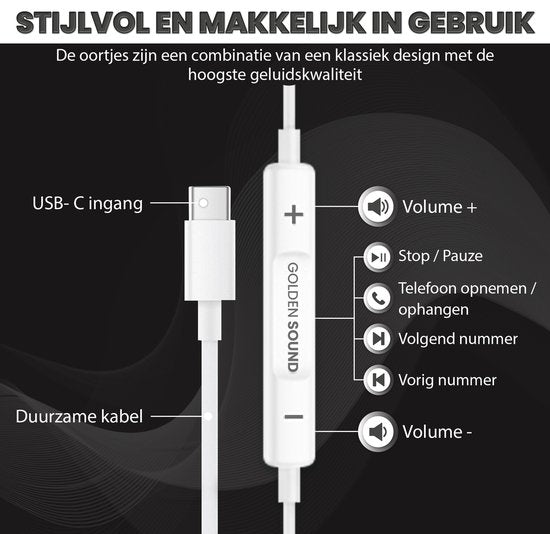Golden Sound bedrade oordopjes - Oordopjes met draad en microfoon - USB-C aansluiting