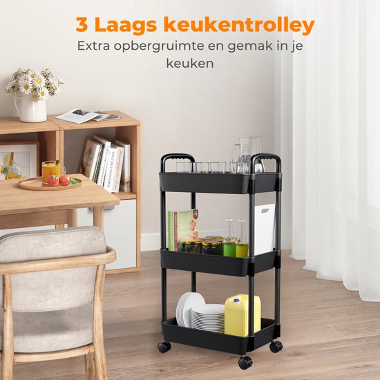 Posity Keukentrolley op wieltjes – Serveerwagen / Opbergtrolley / Keukenrek / Trolley Keuken – Verrijdbaar en Vast – 3 Lagen – Kunststof – Zwart
