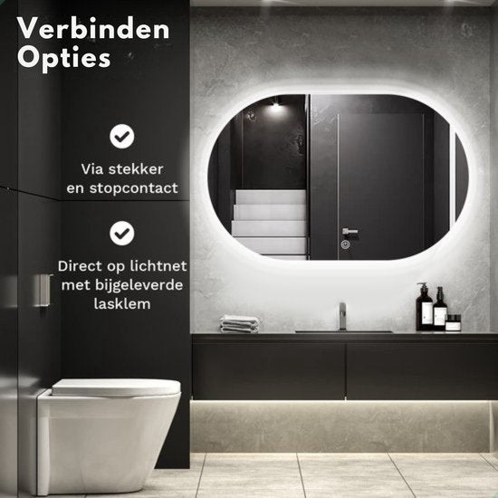 Mirlux Badkamerspiegel met LED Verlichting & Verwarming – Wandspiegel Ovaal – Anti Condens Douchespiegel - 90x60CM