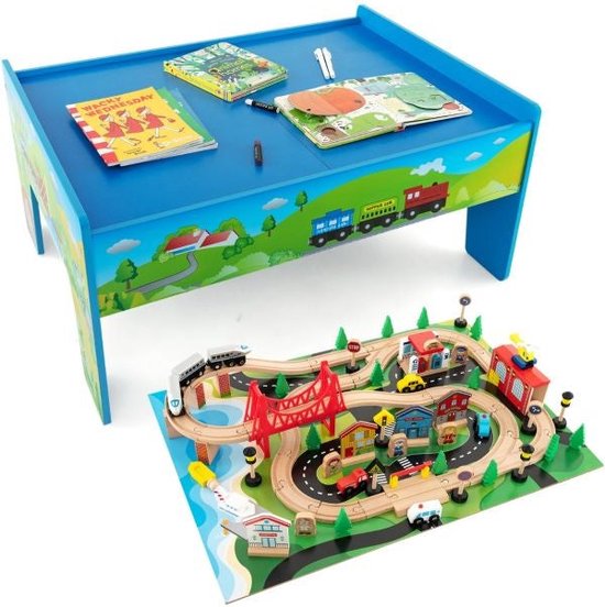 Coast Treinspeelset met Houten Tafel - 80 Delig - Dubbelzijdig Bord - 82,5 x 60 x 40 cm - MDF/Massief Hout