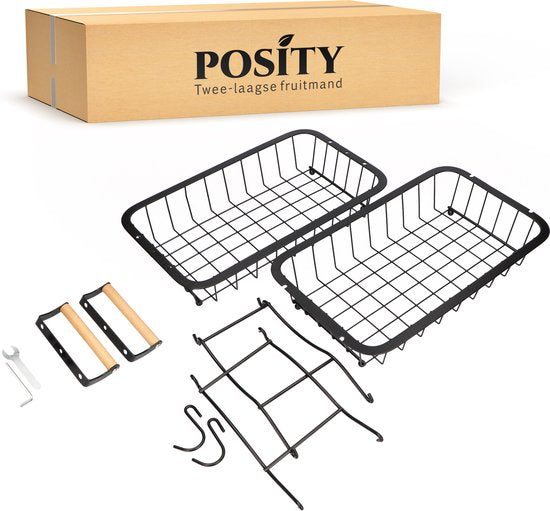 Posity Fruitschaal 2 Laags - Fruitmand - Fruit Etagere - Groentemand - Draadmand - Met bananenhouder - Hout & Metaal - Zwart