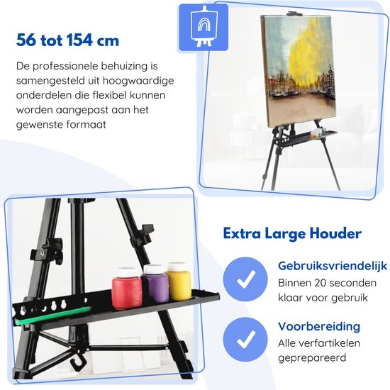 Hilvard - Schildersezel voor Volwassenen - Tafelezel - Veldezel - Verstelbaar - Quick Grip & Release Beugel - Zwart - Geschikt voor Schildersdoeken - Atelierezel - Incl. Opbergtas - 54 cm tot 156 cm