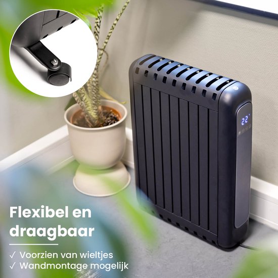 QLT Elektrische Kachel met App Bediening, Thermostaat en Timer – Convectorkachel – Olievrije Radiator met Wielen en Wandoptie – Tot 20m² – Zwart