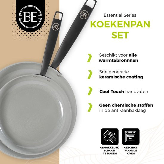 BE Living 2-delige Koekenpannenset - Ø 24 & 28 cm - Bakpan - Keramisch - PFAS Vrij Anti Aanbak - Inductie Pannenset - Wit - Essential Series