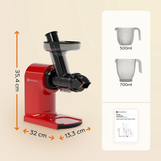 KitchenBrothers Slowjuicer - Compact - Juicer - Groenten en Fruitpers - 45 mm - 500 ml - Rood