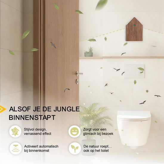 UPLY Vogelhuisje Met Geluid -Vogelgeluiden Huisje Met Sensor - 5 Natuurgeluiden Voor op Toilet/Wc - Bewegingsmelder - Zwitscherbox - Cadeau - Incl. Bevestiging - Wit - Eik