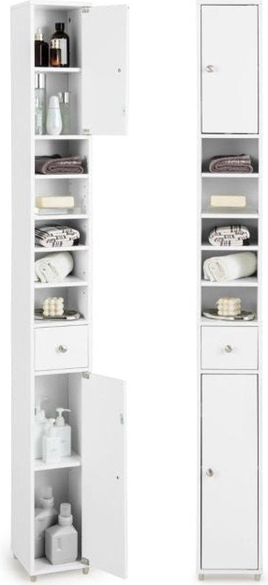 Coast - Slank Badkamermeubel - Vrijstaande Hoge kast - 2 Deuren - 1 Lade - 5 Verstelbare Planken - 20 x 20 x 180 cm