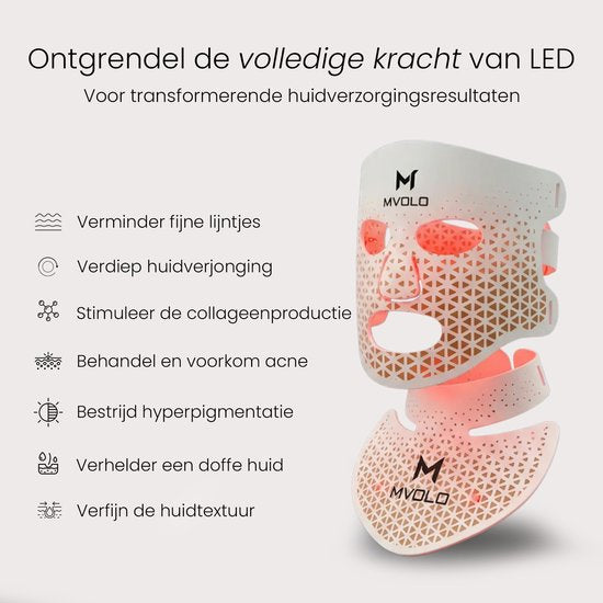 Mvolo® LED Gezichtsmasker - Professioneel Red Light Therapy Masker met Halsmasker - Infrarood Lichtmasker 4 Golflengten - Draadloos - Huidverzorging