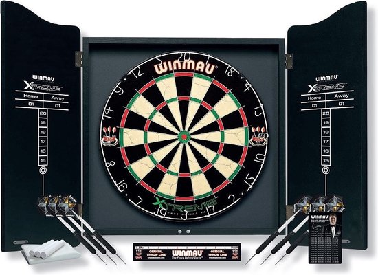 WINMAU - Professionele Dart Set met Diamond Plus Bristle Dartbord, Zwarte Kast, met 2 sets darts en officiële oche-lijn