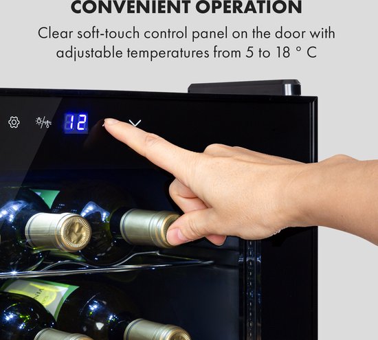Klarstein Shiraz 28 Uno Wijnkoelkast - 74 Liter - Geschikt Voor 28 Flessen - Met Touch Bediening - Temperatuurbereik 5-18°C - Zwart