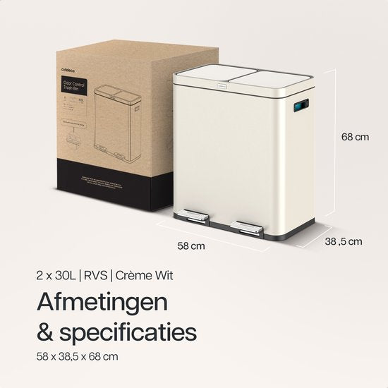Deleca Recycle Prullenbak - 2 Vakken - 60 Liter (2x30) - Statiegeld container - Pedaalemmer - FreshAura Geurbestrijding - RVS Crème Wit