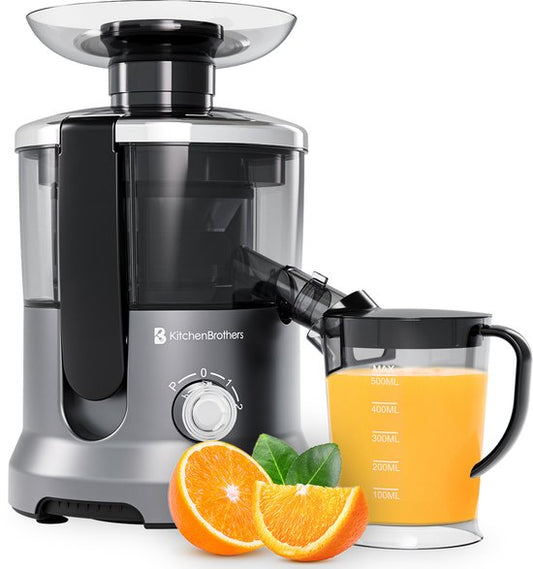 KitchenBrothers Sapcentrifuge - Voor Groenten en Fruit - Juicer - Slowjuicer - Met Pulpcontainer - 500ml - 600W - Zilver/Grijs
