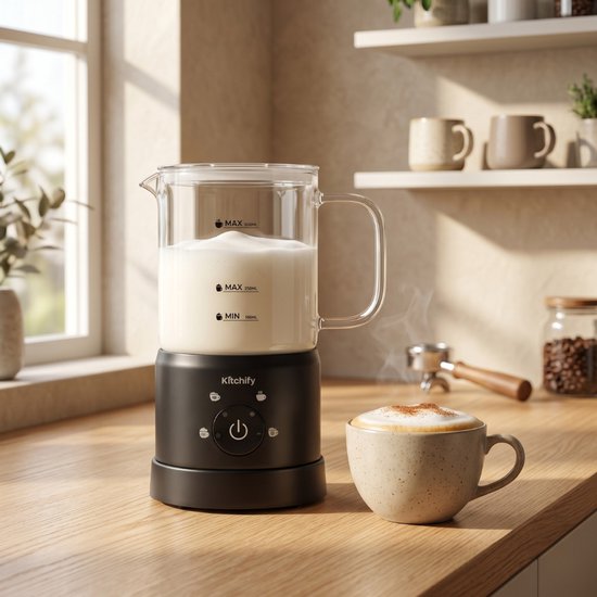 Kitchify Glazen Melkopschuimer - Elektrische melkopschuimer - Met schenktuit - 4 in 1 - Milk Frother - Zwart