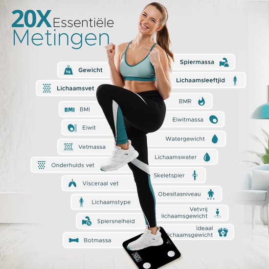 e.volve Weegschaal Personenweegschaal Digitaal - 20 Metingen - Slimme Weegschaal met Lichaamsanalyse - Kleurenscherm - Precisie Weegschaal - Weegschalen - Digitale Weegschaal - Incl. App