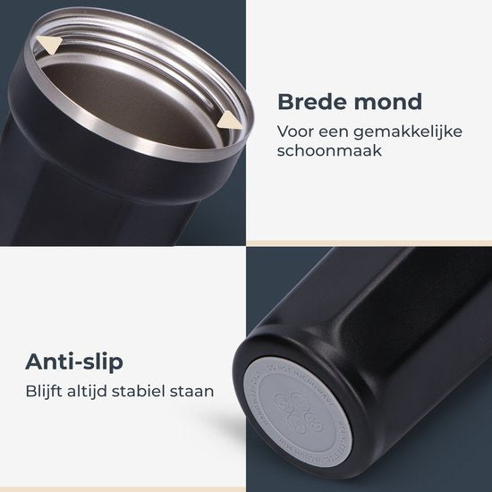 Castagnola Thermosbeker - Koffiebeker To Go - Travel Mug voor Koffie en Thee - Theebeker - 380 ML - RVS - Zwart - Octagon