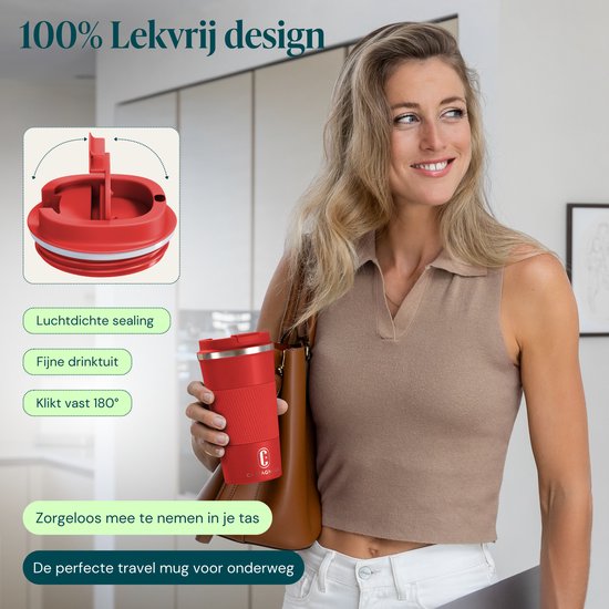 Castagnola Thermosbeker - Koffiebeker To Go - Travel Mug voor Koffie en Thee - Theebeker - 510 ML - RVS - Rood