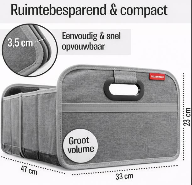 HELDENWERK Opvouwbare kofferbaktas met antislip klittenband - kofferbak organizer, auto vouwbox, boodschappentas - versterkt en stabiel