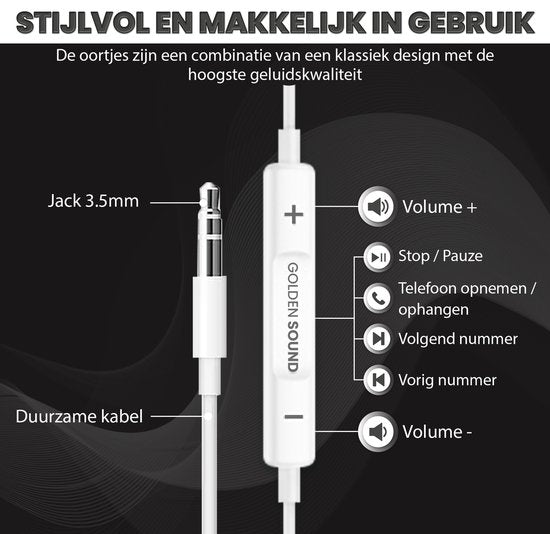 Golden Sound Bedrade Oordopjes - Oortjes met draad en microfoon - 3.5 mm jack aansluiting