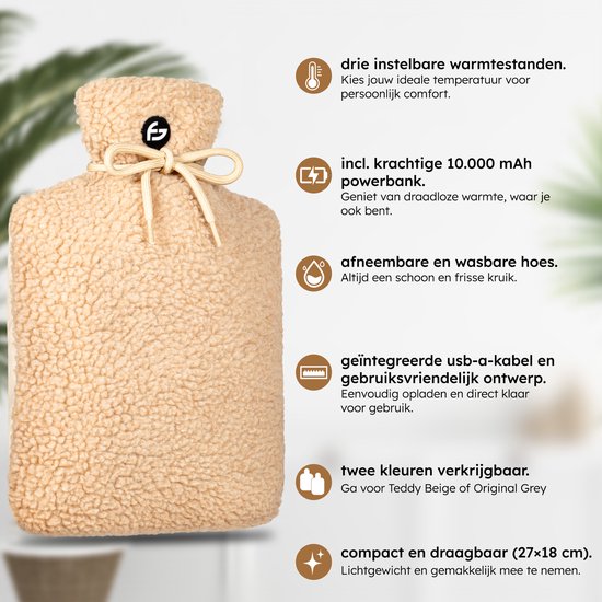 Elektrische Kruik – 3 Standen – Kruik – 10.000 mAh Powerbank – Wasbare Hoes – Oplaadbare Kruik – Teddy Beige – Saaf Comfort