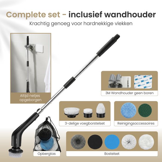 Vapore Elektrische Schoonmaakborstel - 14 Opzetstukken + Voegborstelset - 421 RPM Motor - 3 Snelheden - 118cm Uitschuifbare Steel - 3M Wandhouder - Poetsmachine - Schrobborstel - Voor Badkamer & Keuken