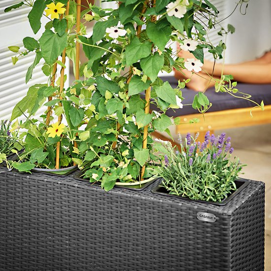 Casaria Plantenbak Polyrattan 95x27x60cm met Waterafvoer - Zwart