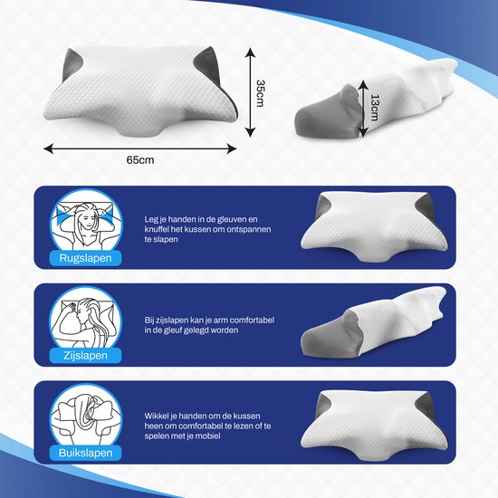 Sleeptight Vlinderkussen - Orthopedisch Hoofdkussen tegen Nekklachten - Ergonomisch Anti Snurk Hoofdkussen – Traagschuim Memory Foam Apneu Kussen - 65x35x13cm