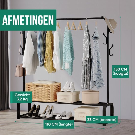 Exxen Industrieel Kledingrek - Metaal - 110x33x150 CM - Zwart - Opbergruimte Voor Schoenen - Garderoberek Met Haken