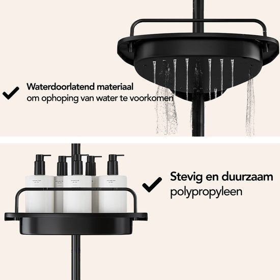 Brixy Doucherek - Telescopisch - 85-305 cm - Zonder Boren - Vloer Tot Plafond - 4 Plankjes - 3 Haken - Zwart