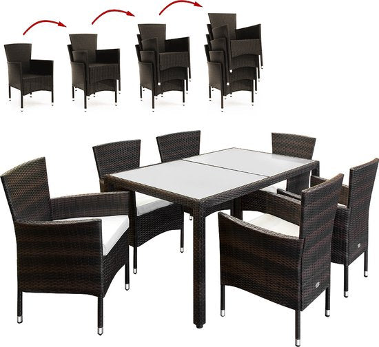 Casaria Polyrattan Tuinset – Tafel 6 Stoelen & Kussens – Bruin