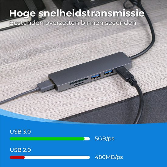 Nuvance - USB C Hub 3.0 - 5 Poorten - USB Splitter - USB C Dock - Micro SD Cardlezer USB C - Grijs