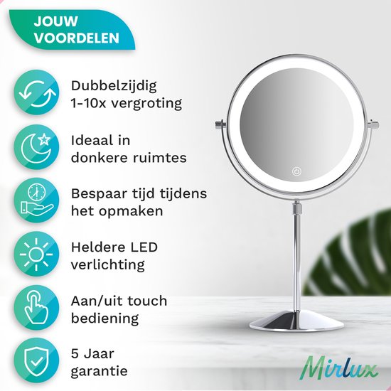 Mirlux Luxe Make-upspiegel met LED-verlichting - 10x Vergroting - Verstelbaar & Oplaadbaar - 3 Lichtstanden - Chroom - Make-upspiegel - Spiegel met LED-licht