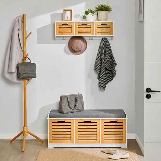 SoBuy Schoenenbank met zitkussen voor gang of woonkamer, 3 afneembare manden, 105x43x35 cm, FSR23-WN