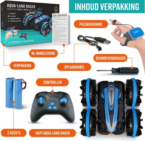 NAPI Bestuurbare Auto All-Terrain - RC Auto met 2 Accu's - Waterdicht - Speelgoed Autos Jongens - Buitenspeelgoed - Race Car/Boot Land & Water - 1,5u Speelplezier - Radiografisch - Aqua-Land Racer