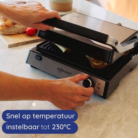 Safecourt Kitchen Tosti apparaat – Paninigrill en Tosti ijzer – Uitneembare PFAS-vrije platen & vaatwasserbestendig – Groot grilloppervlak – snel warm (2000W) – Contactgrill
