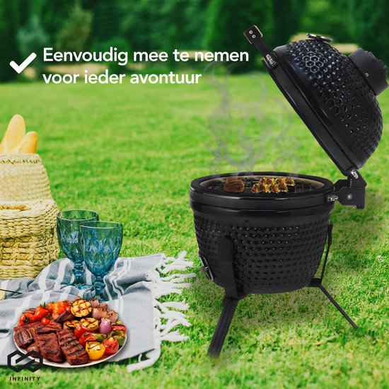 Infinity Goods Kamado BBQ Egg - 13 Inch - Inclusief Hoes - Houtskoolbarbecue - Ø 27 CM - Zwart