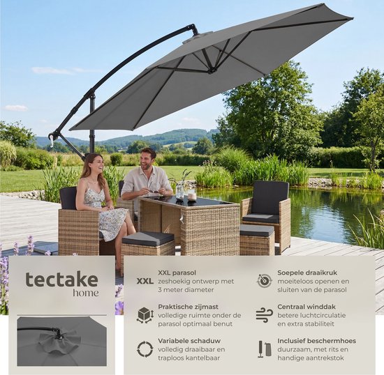 tectake® Zweefparasol met Voet - 3 x 3 m - Tuinparasol - Draaibaar - Waterafstotend Polyester met UV-Bescherming - Inclusief Hoes - Grijs