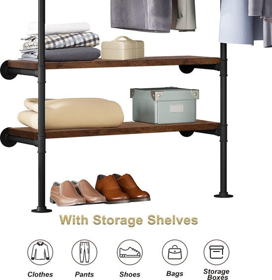Rootz Hoekkast - Kledingkast - Kledingorganisator - Kledingrek - Opbergsysteem - Dressoir - Kledingstandaard - Zwart + Vintage Houtnerf - 130,5x187x130,5cm