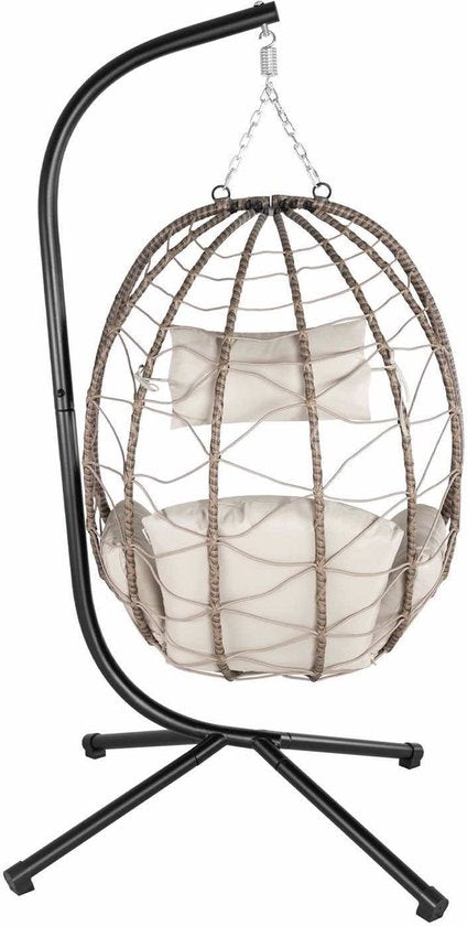 Juskys – Aria Hangstoel Met Standaard – 95 x 95 x 196 cm – Voorzien Van Comfortabele Kussens En In Hoogte Verstelbare Ketting – Voor Woonkamer En Terras – Beige Polyrattan En IJzer