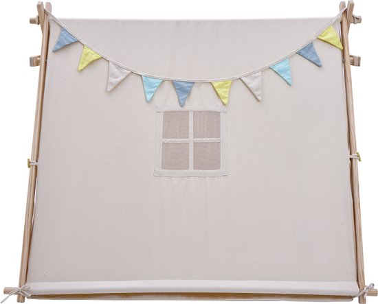 Sunny Sienna Speeltent met vlaggen en vloermat Crème – Wigwam Tipi Tent voor kinderen met Slinger & Opbergtas - Stokken FSC hout - 120x100x105cm