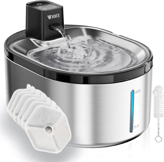 Vivex® Draadloze Drinkfontein - RVS - 4,5 Liter - Waterfontein voor Katten en Honden - Met Sensor en Accu - Incl. 6 Filters en cleaning - Fluisterstil