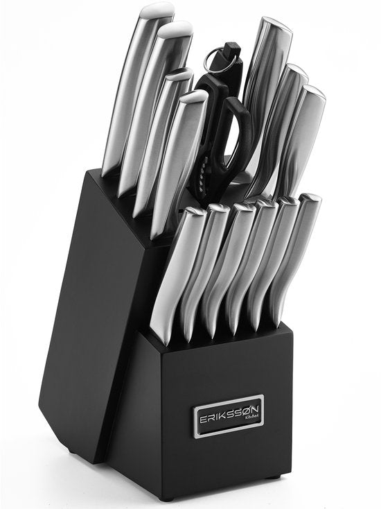 Erikssøn Kitchen Messenset - Messenblok - 16 Delig - Met Blok, Messenslijper En Schaar - Krasbestendig - 3Cr13 RVS - Zilver