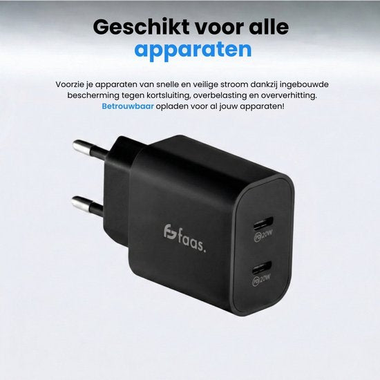 Faas USB C Oplader - Snellader - 40W - 2x 20W Poort - 2 kabels - 1.5 meter - USB C Kabel - USB C naar USB C - Zwart