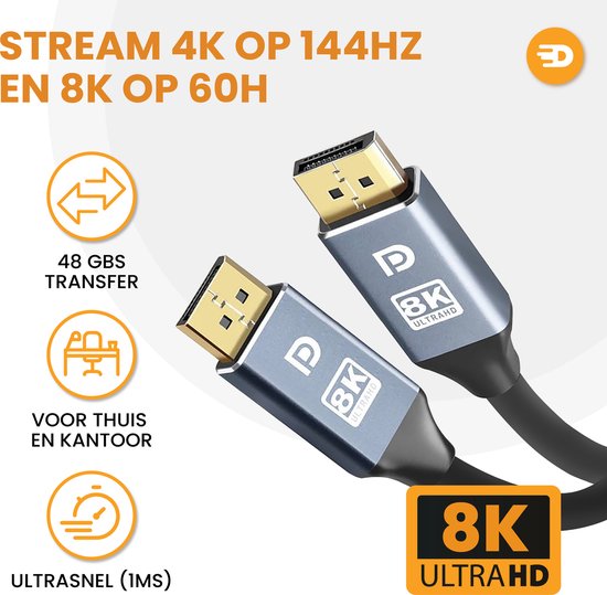 Drivv. Aux Kabel - 8K 60Hz - 4K 144 Hz - 32.4GBps - Displayport 1.4 - DP Kabel - PVC - 1 meter - Space Grey